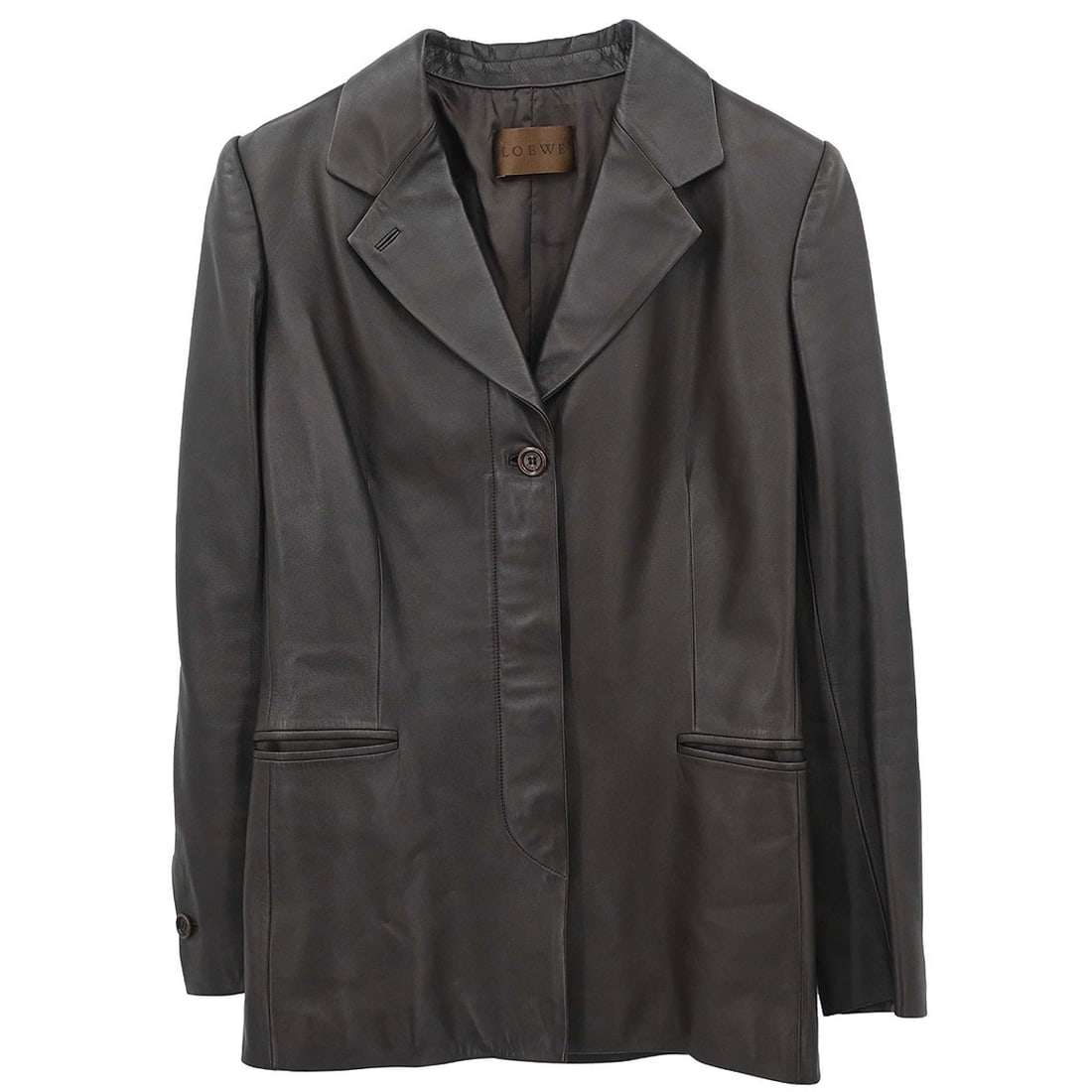 Loewe Brown Lambskin Mid Length Women's Jacket EU 36 Vintage: Loewe Brown Lambskin Mid Length Women's Jacket EU 36 Vintage Vintage Loewe single-breasted mid-length jacket in brown lambskin with a button closure. This women's regular-fit jacket is made in Spain a