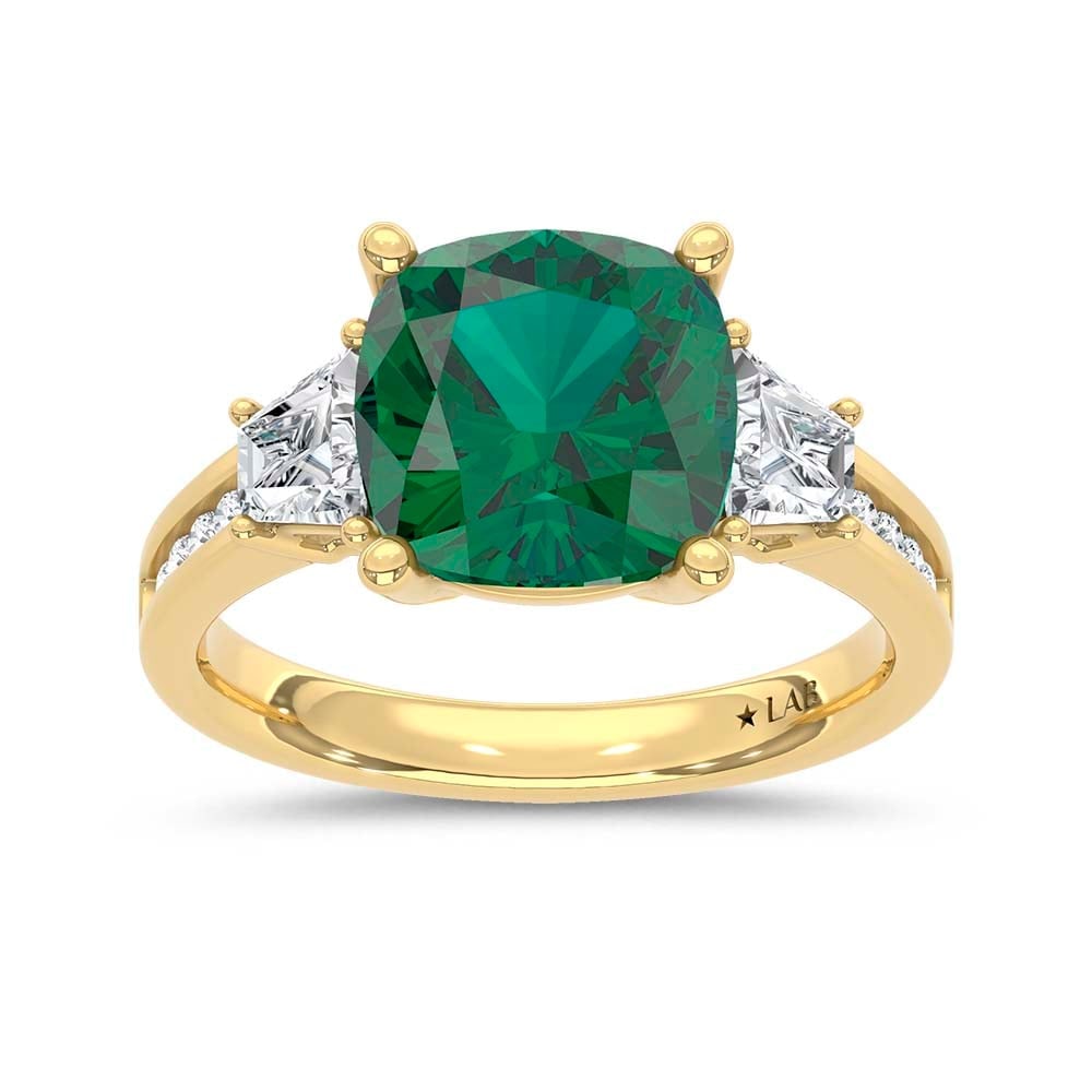 14K Yellow Gold Lab Grown Diamond 3 3/4 Ct.Tw. Cushion Shape Recrystalized Emerald Engagement Ring: 14K Yellow Gold Lab Grown Diamond 3 3/4 Ct.Tw. Cushion Shape Recrystalized Emerald Engagement Ring (Center 3 ct) Celebrate refined elegance with this 14K yellow gold engagement ring, featuring a radia