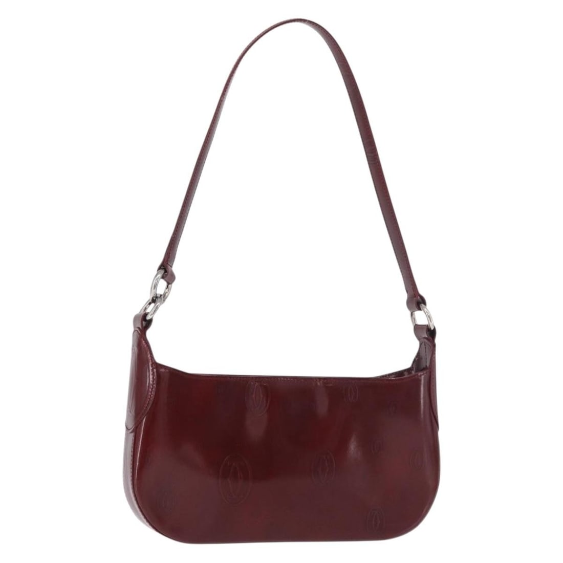 Cartier Bordeaux Silver Patent Leather Handbag: Cartier Bordeaux Silver Patent Leather Handbag This Cartier Happy Birthday handbag is crafted from patent leather in a Bordeaux color with silver accents. Designed for women, it features a compact sil