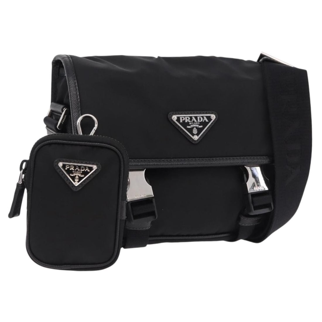 PRADA Black Nylon Shoulder Bag with Dust Bag and Box: PRADA Black Nylon Shoulder Bag with Dust Bag and Box This Prada shoulder bag is crafted from nylon in black and silver, made in Italy. It comes with a dust bag and item box. The bag measures approxima