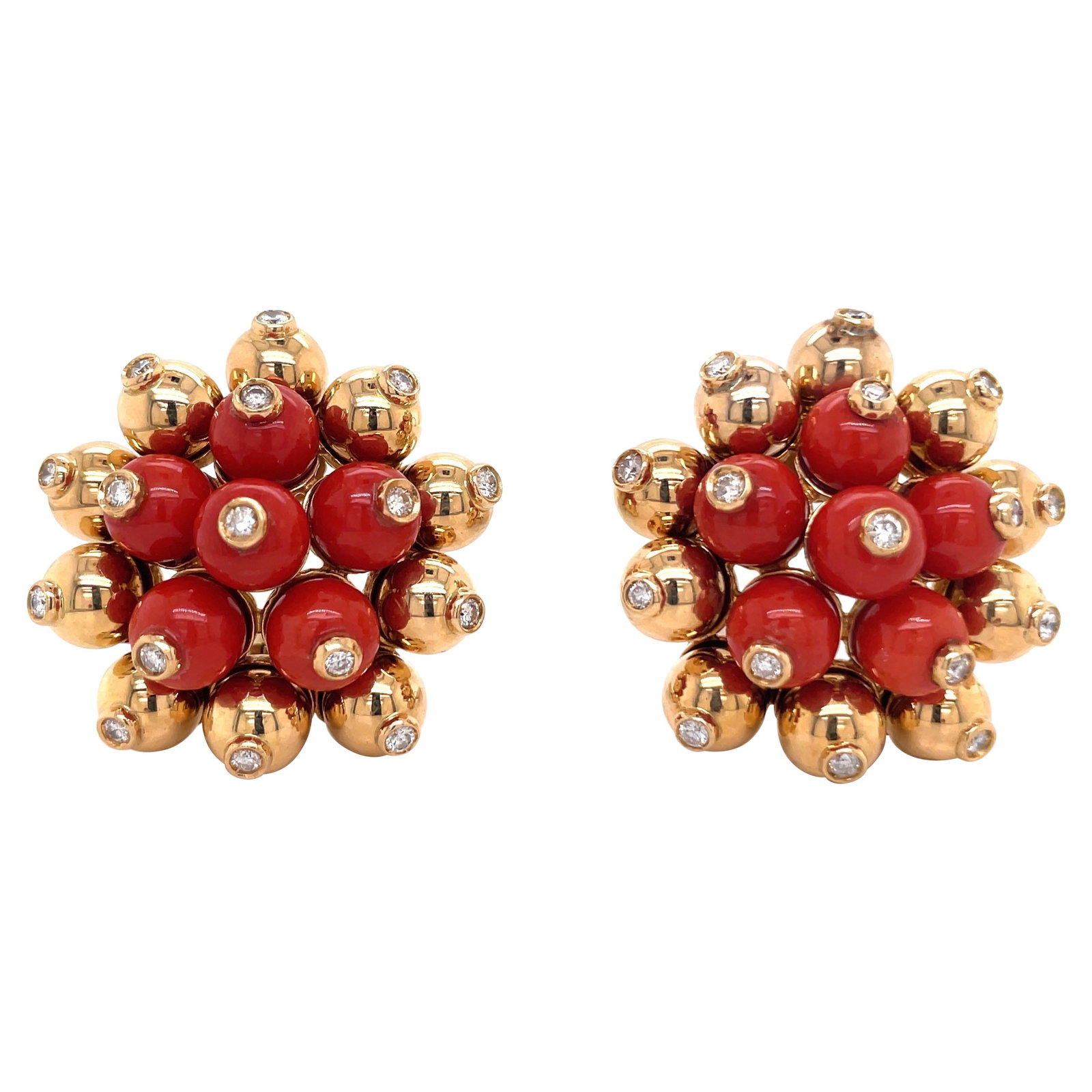 Harbor Diamonds 18K Yellow Gold Coral Diamond Earrings 1.5 in 1970s: Harbor Diamonds 18K Yellow Gold Coral Diamond Earrings 1.5 in 1970s Make a statement with these stunning oversized earrings crafted from 18 karat yellow gold. Featuring vibrant coral and exquisite rou
