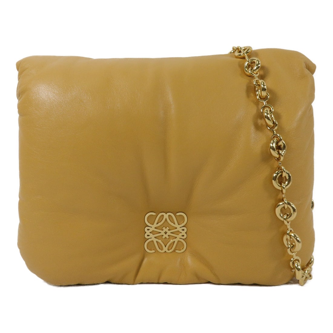 LOEWE Goya Puffer Lambskin Chain Shoulder Bag Yellow: LOEWE Goya Puffer Lambskin Chain Shoulder Bag Yellow A LOEWE Goya Puffer Chain Shoulder Bag in yellow/mustard lambskin leather with gold-tone hardware. It features a chain shoulder strap, a magnetic p