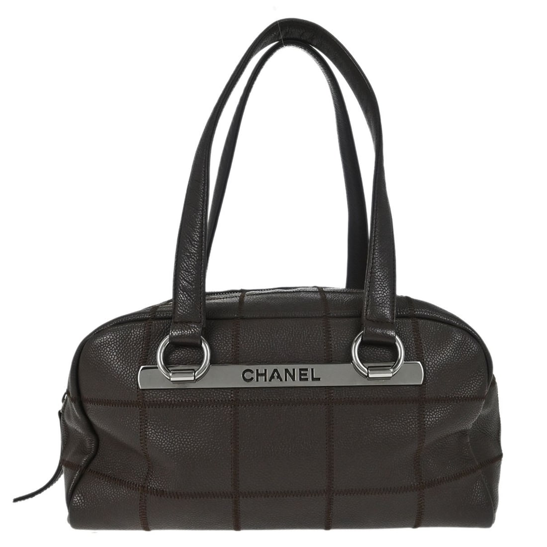 CHANEL Choco Bar Brown Caviar Leather Top Handle Bag: CHANEL Choco Bar Brown Caviar Leather Top Handle Bag Chanel Choco Bar handbag in brown caviar skin leather with a top handle bag style and double handles. It features a canvas lining, one outside pock