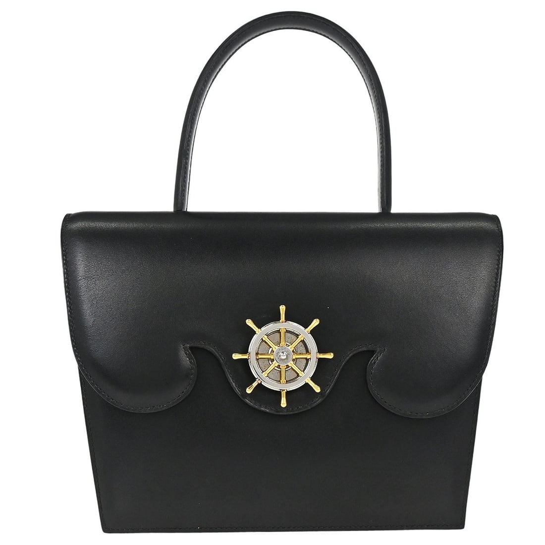 Hermes Frigate Top Handle Satchel in Black Box Calf Leather: Hermes Frigate Top Handle Satchel in Black Box Calf Leather Hermes Frigate handbag in black Box Calf leather with a structured top handle design and turn-lock closure. Made in France, this women's sat