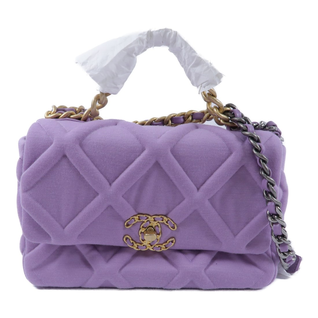 CHANEL AS1161 Chanel 19 Small Jersey Shoulder Bag Purple: CHANEL AS1161 Chanel 19 Small Jersey Shoulder Bag Purple A CHANEL CC Chanel 19 Small Chain Shoulder Bag in purple jersey, model AS1161. This shoulder bag features a turn-lock closure, one outside open
