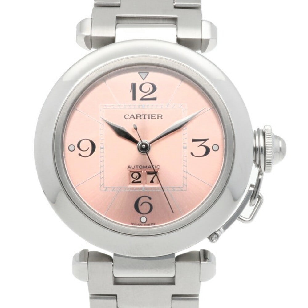 Cartier Pasha Big Date Automatic SS Wristwatch Pink Dial Unisex: Cartier Pasha Big Date Automatic SS Wristwatch Pink Dial Unisex Cartier Pasha Big Date unisex wristwatch in stainless steel with a silver and pink color scheme. It features an automatic movement, a pi