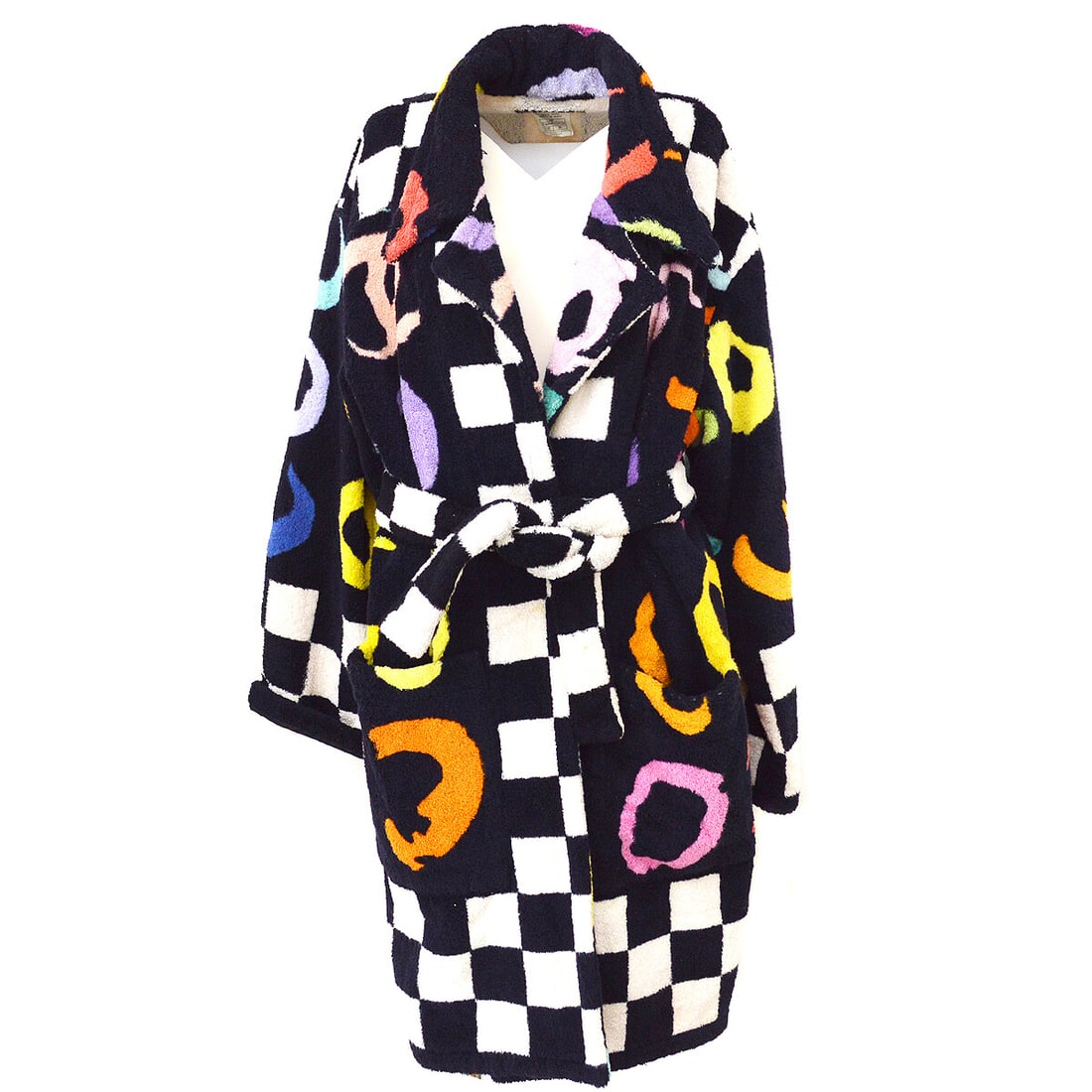 Chanel 95P Black Cotton Belted Gown Coat Size 36: Chanel 95P Black Cotton Belted Gown Coat Size 36 Chanel bathrobe style coat gown in black and multi-color, made in France from 100% cotton. It features a belted closure, regular size 36, and a casual 
