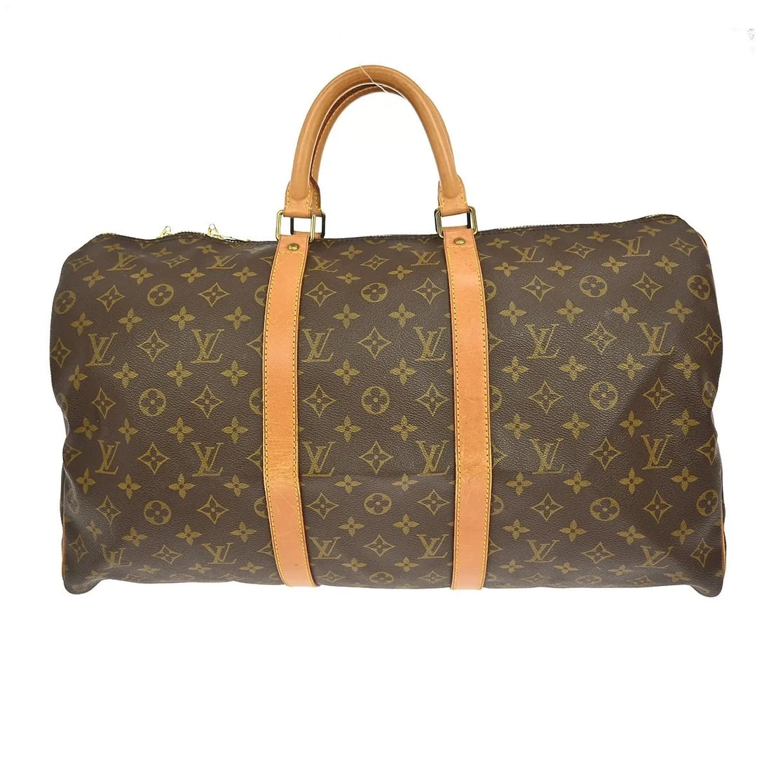 Louis Vuitton Monogram Canvas Keepall 50 Duffle Bag Brown: Louis Vuitton Monogram Canvas Keepall 50 Duffle Bag Brown This pre-owned Louis Vuitton Keepall 50 duffle bag features the iconic monogram canvas in brown, designed for unisex use. The bag shows signs 