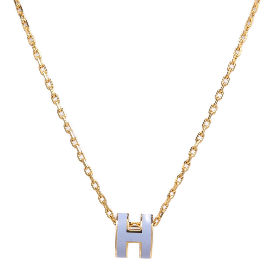 Blue Gold Metal Necklace Hermes Mini Pop H: Blue Gold Metal Necklace Hermes Mini Pop H Hermes Mini Pop H Necklace in blue and gold metal. The necklace features a Mini Pop H motif and comes with storage box and storage bags. Condition is AB: Ver