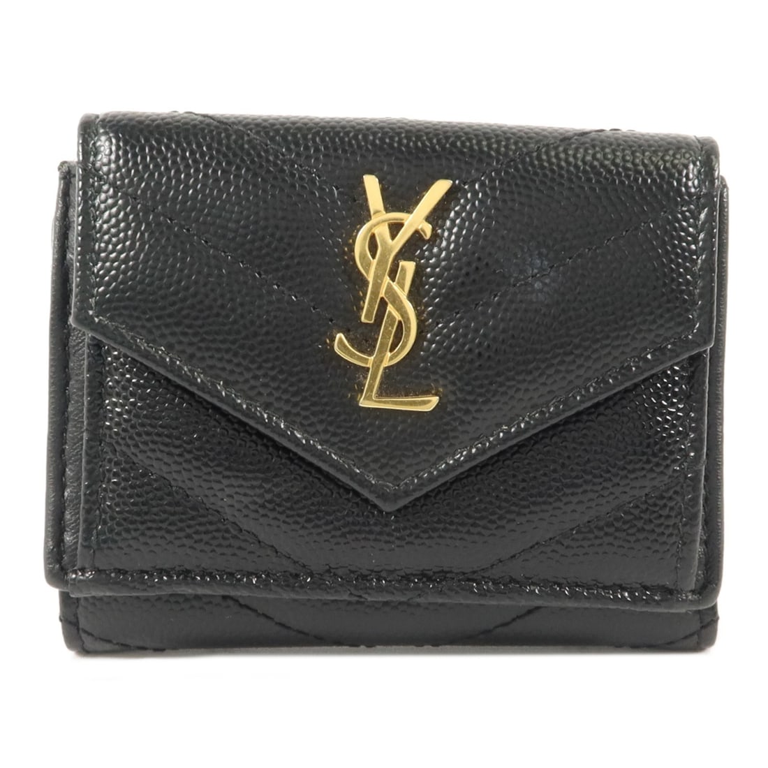 Saint Laurent 505118 Tri Fold Wallet Black Calfskin Leather: Saint Laurent 505118 Tri Fold Wallet Black Calfskin Leather A Saint Laurent tri-fold wallet in black calfskin leather, made in Italy. It features a hook button closure and card slots, with a very good
