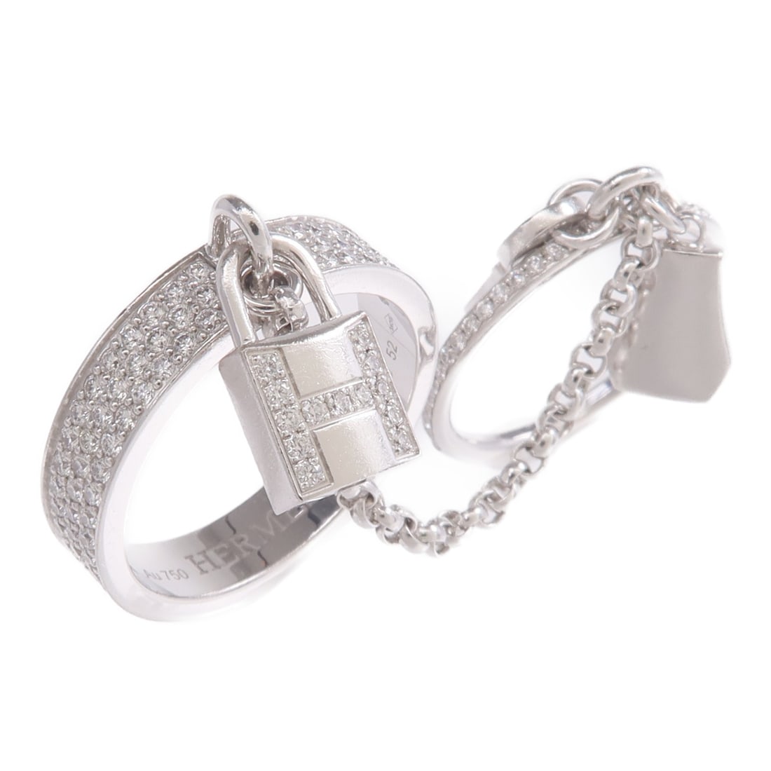 Hermes Kelly Cadenas Double Ring 18K White Gold Diamond: Hermes Kelly Cadenas Double Ring 18K White Gold Diamond Hermes Kelly Cadenas Double Ring in 18K white gold with diamond accents. This women's ring is size 5 and engraved 52. It is made in France and c