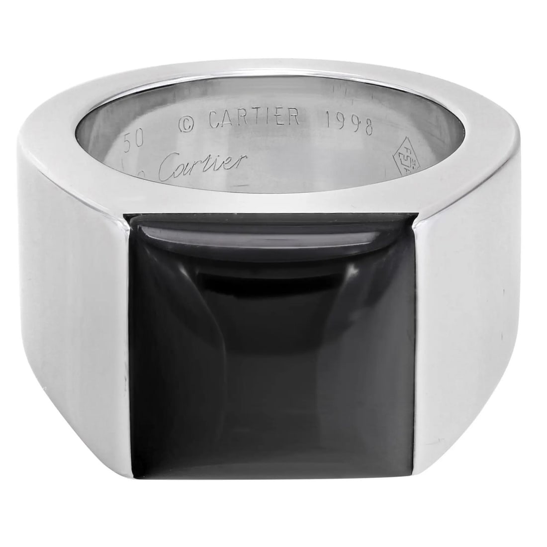 Cartier Tank Unisex Ring 18K White Gold Black Onyx Square: Cartier Tank Unisex Ring 18K White Gold Black Onyx Square This Cartier Tank ring features a stunning black onyx stone set in luxurious 18K white gold. The unisex design showcases a sleek band style, p