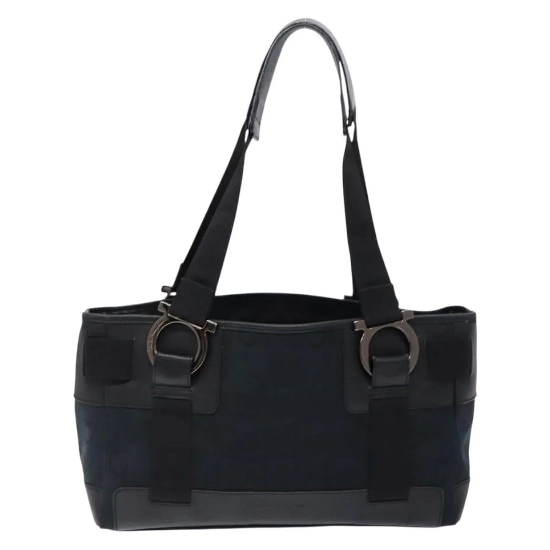Black Canvas Gancini Tote by Salvatore Ferragamo 28cm x 18cm x 10cm: Black Canvas Gancini Tote by Salvatore Ferragamo 28cm x 18cm x 10cm This Salvatore Ferragamo Gancini Tote is crafted from black canvas and designed for women. The tote features leather handles and met
