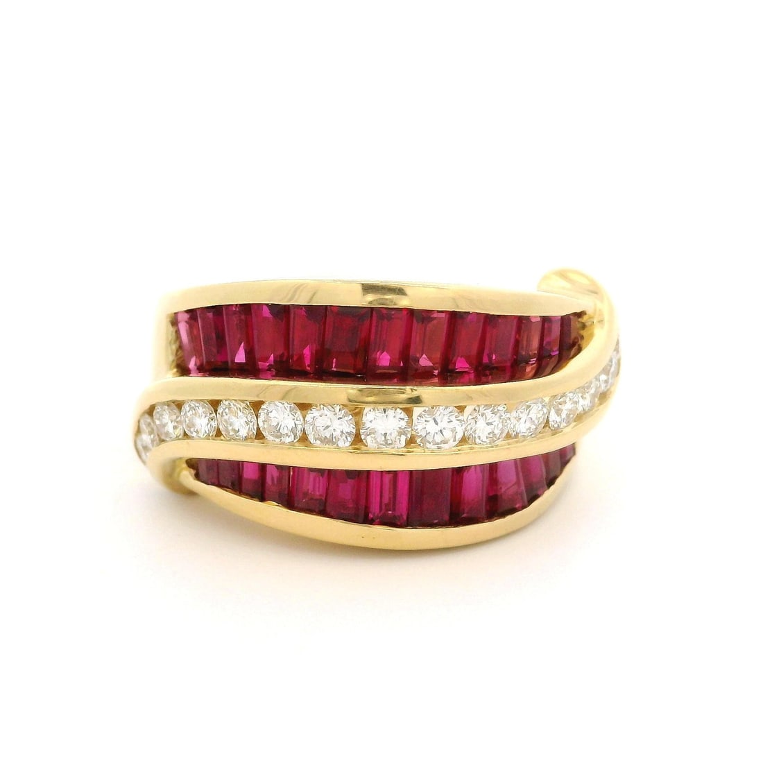 Charles Krypell Vintage 18k Gold Ruby Diamond Band Ring 12.7mm: Charles Krypell Vintage 18k Gold Ruby Diamond Band Ring 12.7mm This stunning Vintage Charles Krypell band ring features a luxurious 18k yellow gold design, highlighted by a remarkable array of natural