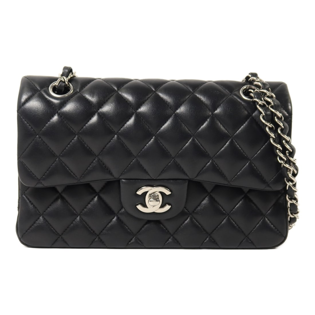 CHANEL A01113 Classic 23 Shoulder Bag Black Lambskin CC SHW: CHANEL A01113 Classic 23 Shoulder Bag Black Lambskin CC SHW Classic CHANEL CC SHW shoulder bag in black lambskin (sheep leather) with a chain shoulder strap. It is a women's regular-size bag made in F