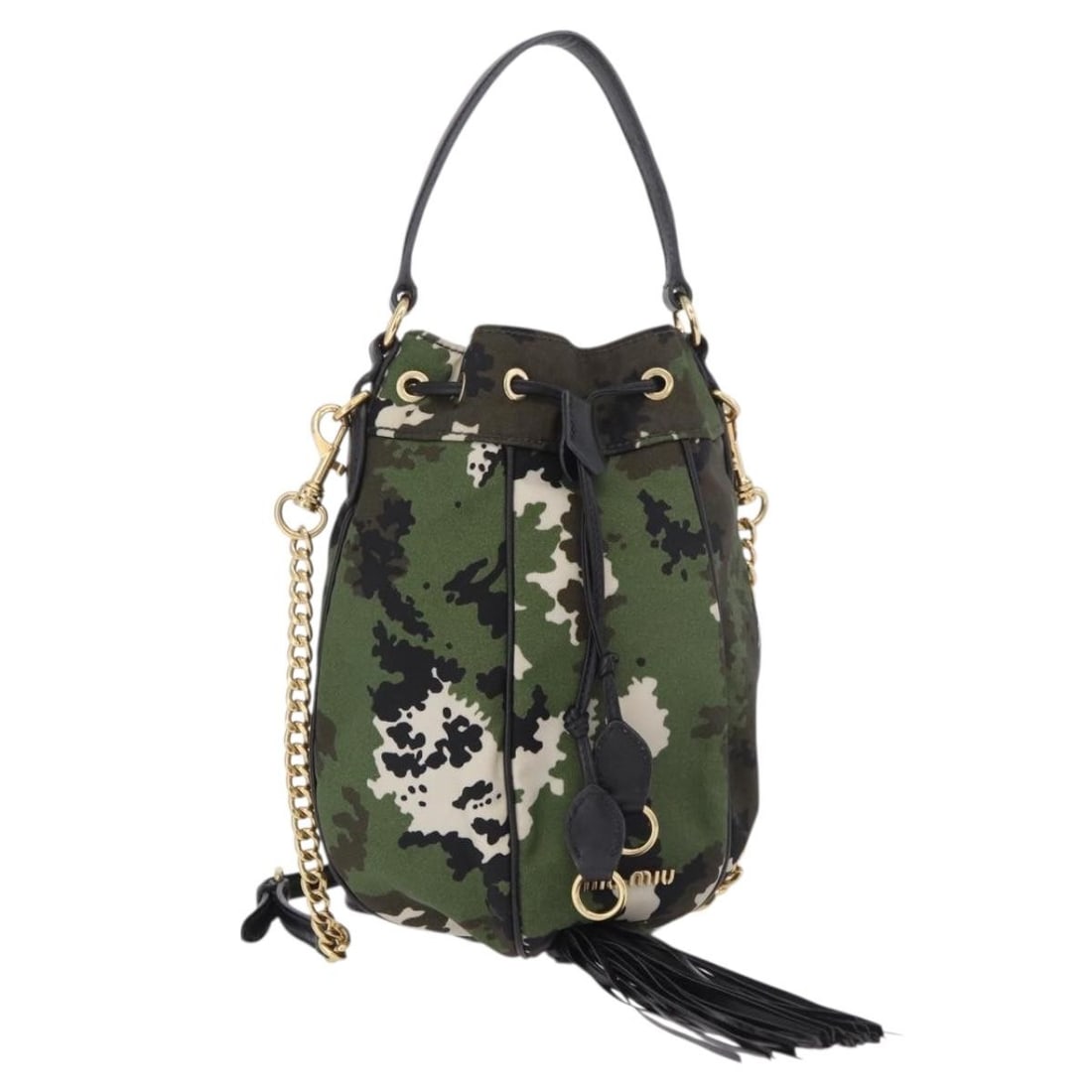 Miu Miu Green Canvas 2way Handbag with Shoulder Strap: Miu Miu Green Canvas 2way Handbag with Shoulder Strap Miu Miu canvas 2-way handbag in green and gold, made in Italy. It comes with a shoulder strap and features a compact structured size. The bag is d