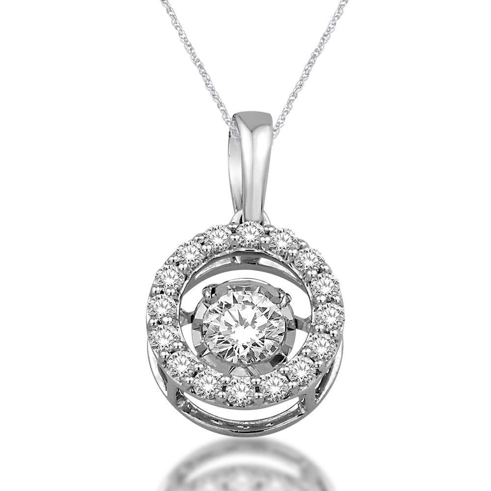 14K White Gold 1/3 Ct.Tw. Moving Diamond Pendant: 14K White Gold 1/3 Ct.Tw. Moving Diamond Pendant This Lavish Pendant Expertly Crafted In 14K White Gold And Set With Shimmering 1/3 Ct.Tw. Diamonds. The Center diamond glistens in a unique setting
