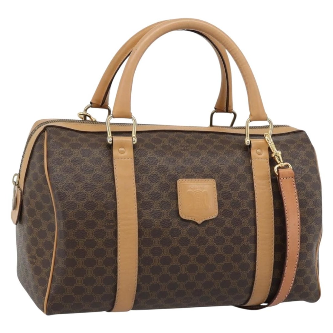 CELINE Macadam 2way Boston Bag Brown PVC Leather with Strap: CELINE Macadam 2way Boston Bag Brown PVC Leather with Strap CELINE Macadam Canvas Boston Bag in brown and gold, made from PVC leather and Macadam canvas. This 2way Boston bag comes with a shoulder str