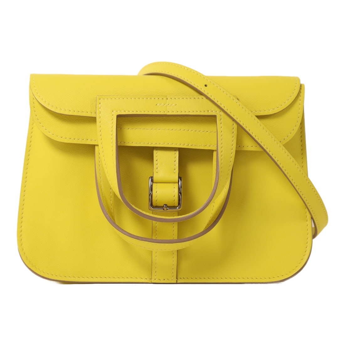 HERMES Mini Halzan 2 Way Shoulder Bag Veau Swift Leather Lime PHW: HERMES Mini Halzan 2 Way Shoulder Bag Veau Swift Leather Lime PHW Hermes PHW Mini Halzan 2 Way Shoulder Bag in Lime and Yellow, made from Veau Swift leather and calfskin (cowhide). This regular-size w