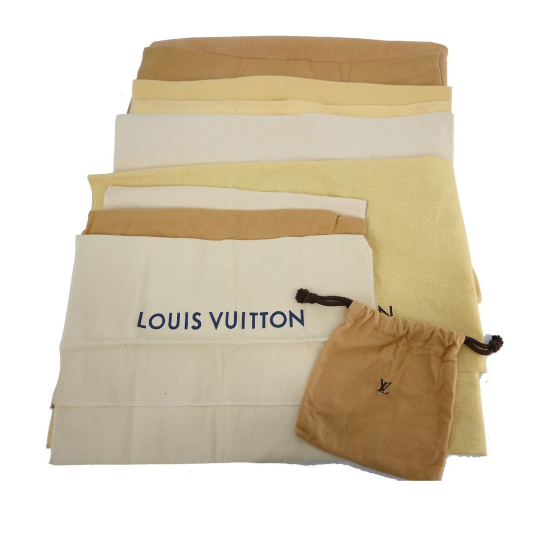 Set of 10 Louis Vuitton cotton dust bags in brown beige: Set of 10 Louis Vuitton cotton dust bags in brown beige Set of 10 Louis Vuitton dust bags in brown and beige cotton. These unisex dust bags show overall signs of use with reasonable wear and tear. Siz