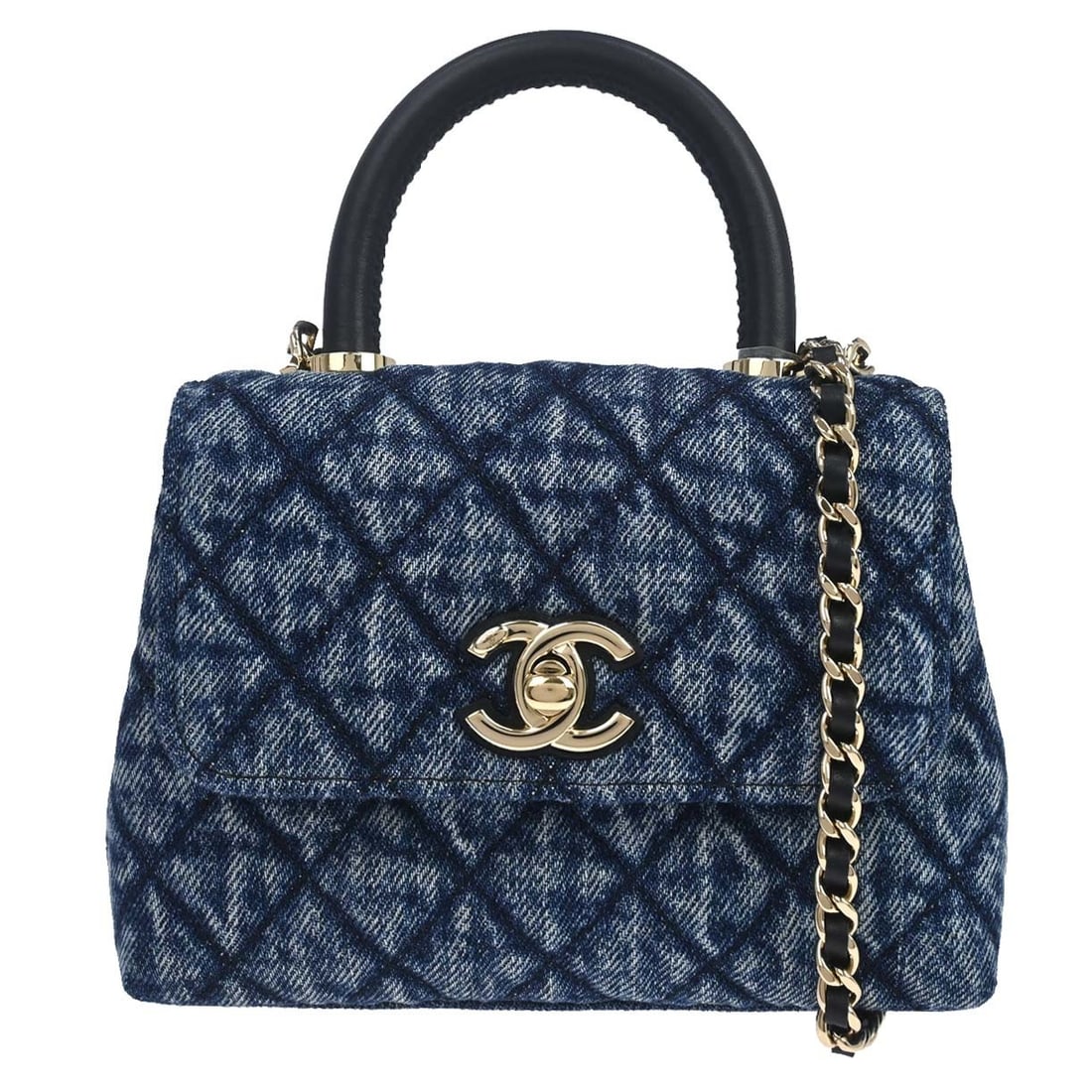 CHANEL Coco Handle Blue Denim Canvas Top Handle Bag with Strap: CHANEL Coco Handle Blue Denim Canvas Top Handle Bag with Strap Chanel Blue Denim Mini Mini Coco Handle 2way Handbag in blue denim canvas with a top handle bag style and turn lock closure. It features 