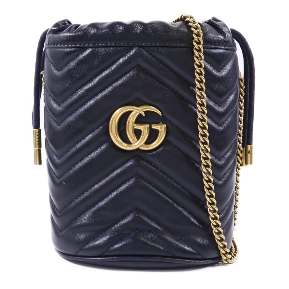 Gucci GG Marmont black calfskin bucket shoulder bag GHW: Gucci GG Marmont black calfskin bucket shoulder bag GHW This GUCCI GG Marmont Bucket Shoulder Bag is crafted from black calfskin (cowhide) leather and designed as a women's shoulder bag. It features a