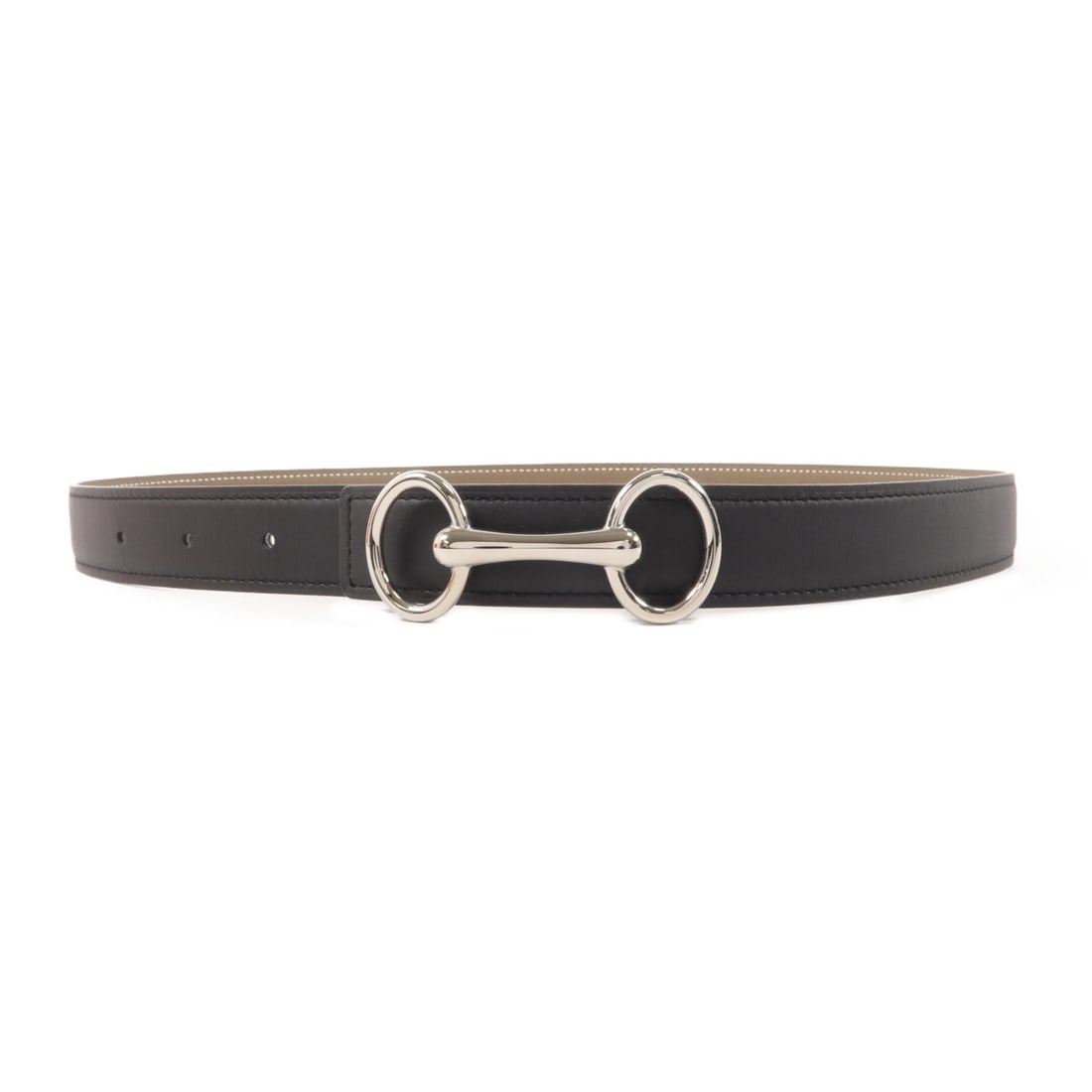 Hermes Horsebit Reversible Belt Epsom Calfskin Noir Etoupe Size 80: Hermes Horsebit Reversible Belt Epsom Calfskin Noir Etoupe Size 80 Hermes PHW Horsebit Reversible Belt in Epsom leather and calfskin (cowhide), presented in Noir Black and Etoupe. This women's belt is