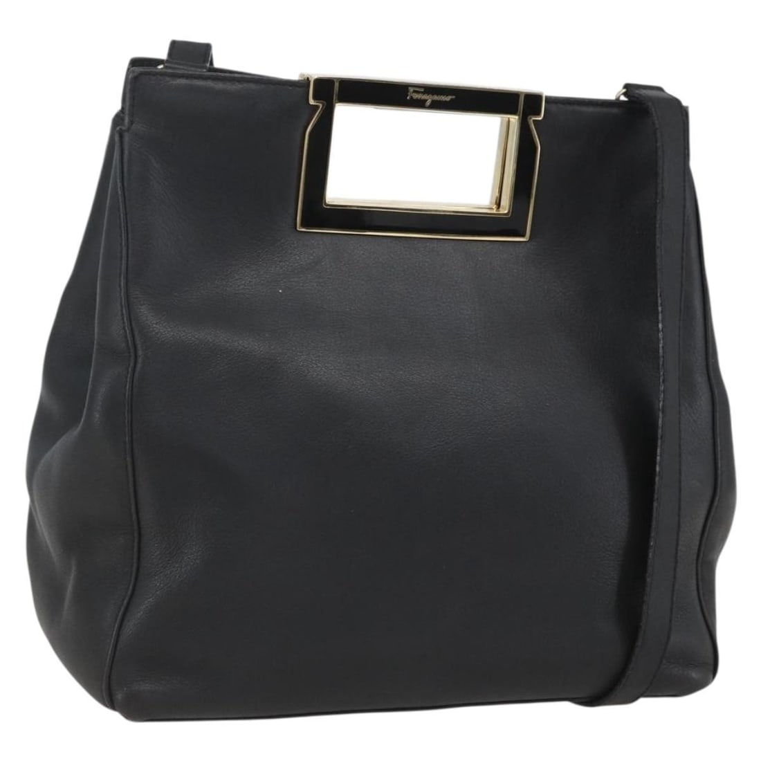 Salvatore Ferragamo Black Leather 2way Handbag with Shoulder Strap: Salvatore Ferragamo Black Leather 2way Handbag with Shoulder Strap Salvatore Ferragamo hand bag in black and gold leather, made in Italy. It features a 2-way design and comes with a shoulder strap and