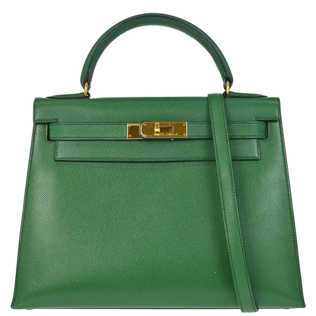 Hermes Kelly 28 Sellier Green Courchevel Leather 2way Bag: Hermes Kelly 28 Sellier Green Courchevel Leather 2way Bag Hermes Kelly 28 2way handbag in green Courchevel leather with a sellier style and turn-lock closure. It features a top handle and includes a s