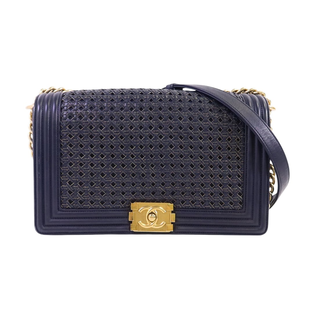 CHANEL Boy 28 Lambskin Chain Shoulder Bag Blue GHW CC: CHANEL Boy 28 Lambskin Chain Shoulder Bag Blue GHW CC CHANEL Boy 28 chain shoulder bag in blue lambskin (sheep leather) with gold-tone hardware. This women's shoulder bag is made in France and feature