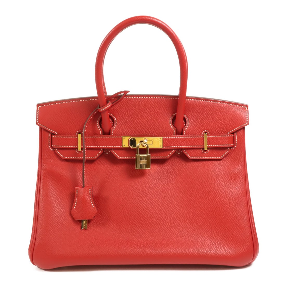 Hermes Birkin 30 Epsom Calfskin Handbag Rouge Casaque Bleu Thalassa: Hermes Birkin 30 Epsom Calfskin Handbag Rouge Casaque Bleu Thalassa Hermes Birkin 30 handbag in Veau Epsom leather, presented in Rouge Casaque with Bleu Thalassa details. The bag features a structured