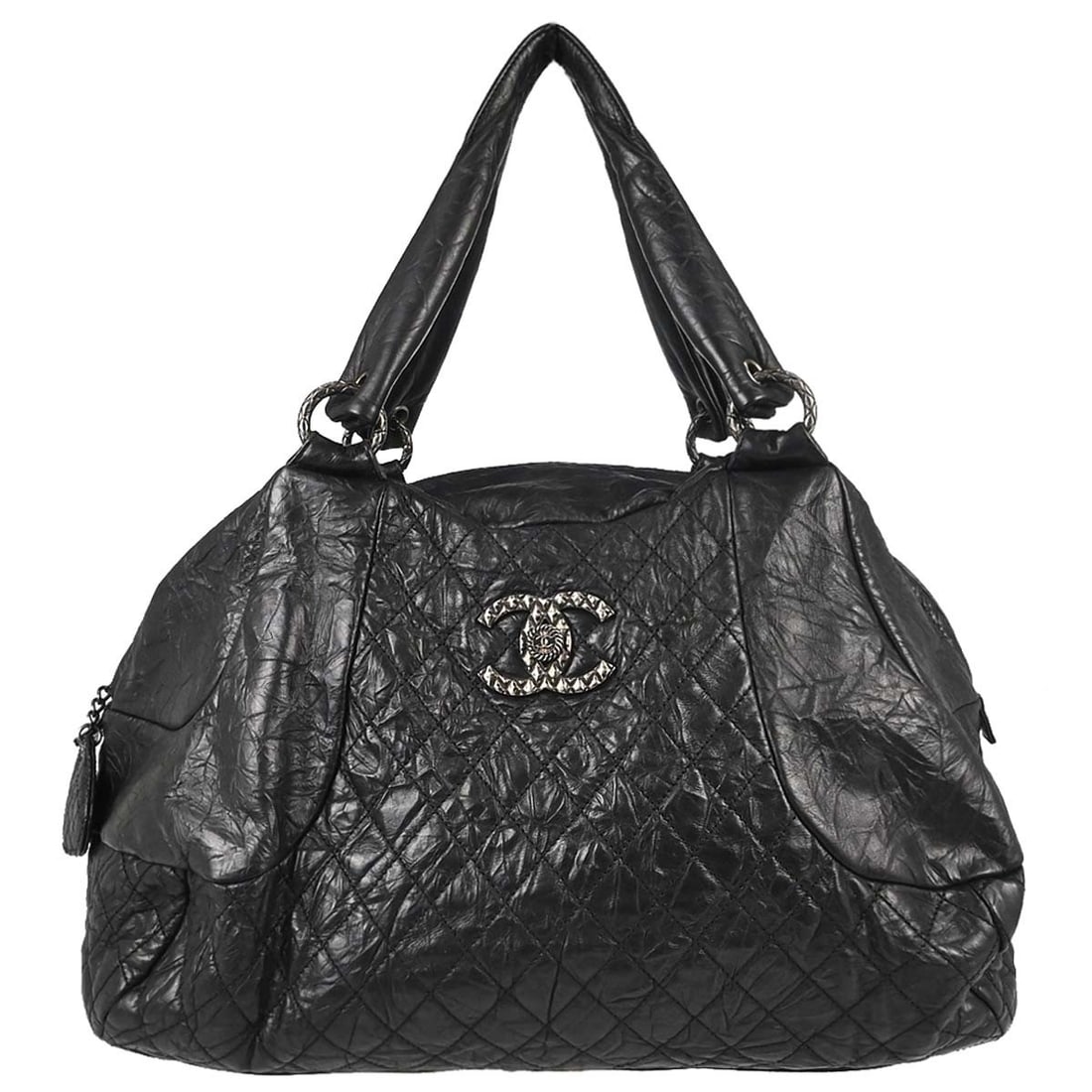 CHANEL Coco Rider black calfskin bowling handbag: CHANEL Coco Rider black calfskin bowling handbag Chanel Coco Rider Bowling Bag in black calfskin with a top handle bag style. It features a leather exterior and handle/strap, nylon lining, inner pocke