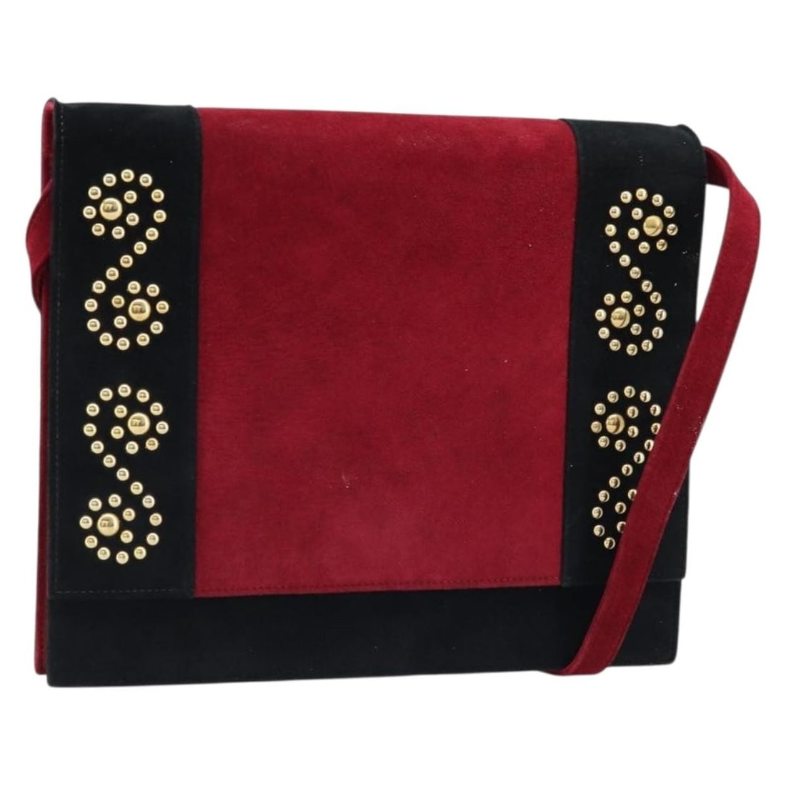 Suede Shoulder Bag SAINT LAURENT Bordeaux Gold Tone 172534: Suede Shoulder Bag SAINT LAURENT Bordeaux Gold Tone 172534 A Saint Laurent shoulder bag in suede with a bordeaux and gold color combination. The bag measures approximately 28 cm wide, 24 cm high, and 