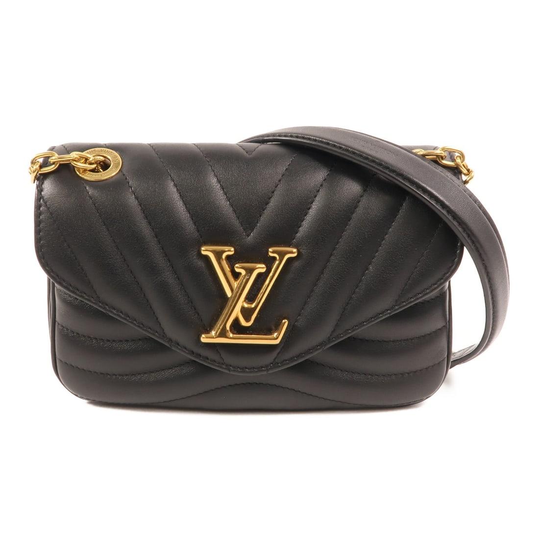 Louis Vuitton New Wave PM Black Calfskin Shoulder Bag M20687: Louis Vuitton New Wave PM Black Calfskin Shoulder Bag M20687 Louis Vuitton New Wave PM Chain Shoulder Bag, model M20687, in black calfskin (cowhide). This women's shoulder bag features a black frame c