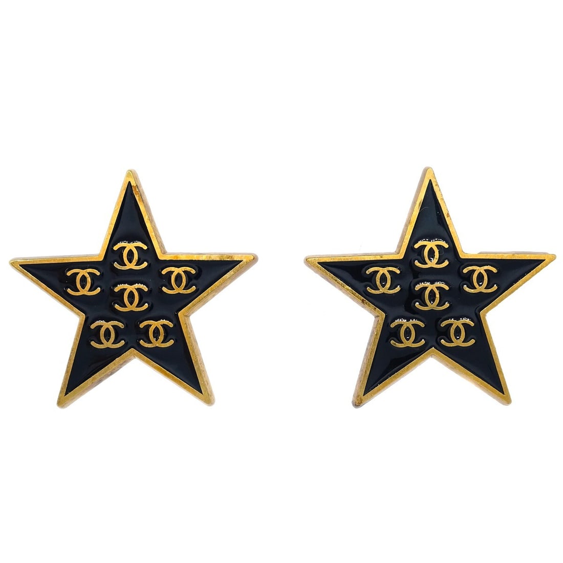 CHANEL 01P Star Button Clip On Earrings Gold Plated Black: CHANEL 01P Star Button Clip On Earrings Gold Plated Black These stunning Chanel clip-on earrings are designed in a unique star shape, adding a touch of elegance to any outfit. Crafted from gold-plated