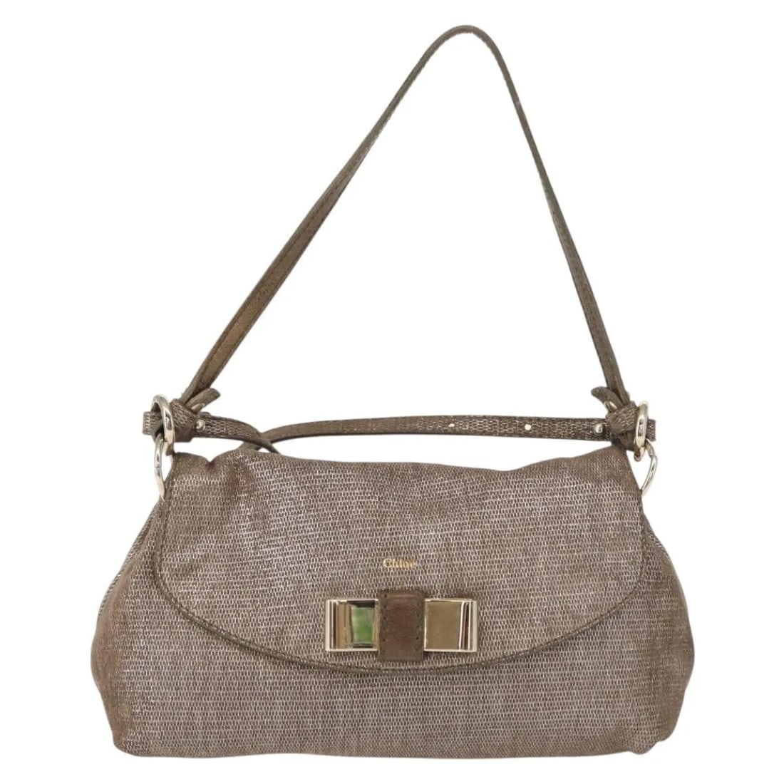Chloe Lily Silver Canvas Handbag: Chloe Lily Silver Canvas Handbag This pre-owned Chloe Lily handbag is crafted from silver canvas and is designed for women. It features signs of use, including rubbing on the surface, handle, shoulder