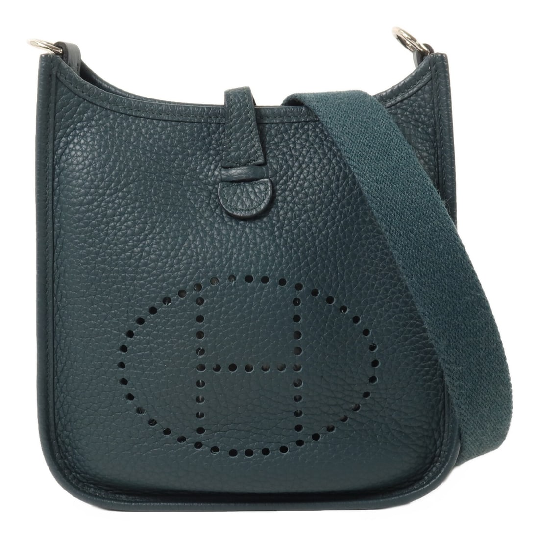 Hermes Evelyne TPM Taurillon Clemence Shoulder Bag Vert Cypress PHW: Hermes Evelyne TPM Taurillon Clemence Shoulder Bag Vert Cypress PHW Hermes Evelyne TPM shoulder bag in Vert Cypress green Taurillon Clemence leather with calfskin (cowhide) exterior material. It featu