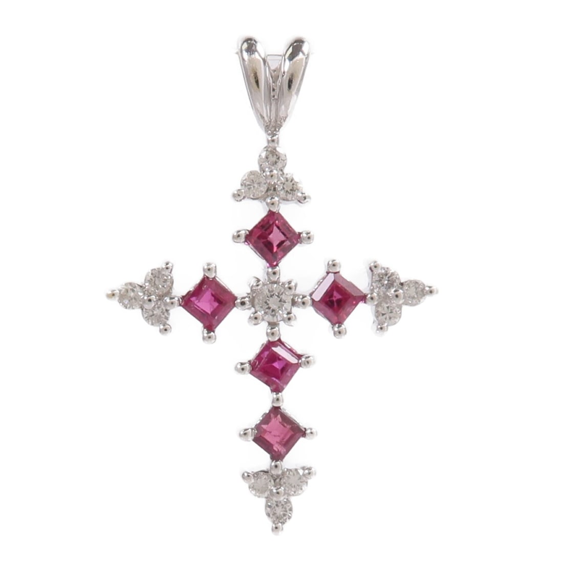 18K White Gold Ruby Diamond Jewelry Pendant Top: 18K White Gold Ruby Diamond Jewelry Pendant Top Ruby and diamond pendant top in 18K white gold. The piece features a red and clear color combination and is made with K18WG white gold, diamond, and rub
