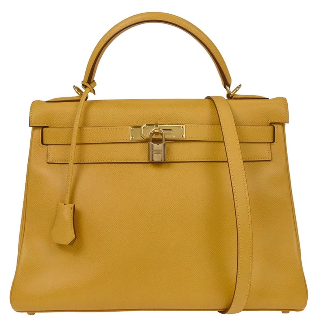 Hermes Kelly 32 Retourne Yellow Courchevel Leather Top Handle Bag: Hermes Kelly 32 Retourne Yellow Courchevel Leather Top Handle Bag Hermes Kelly 32 Retourne 2-way handbag in Jaune Courchevel leather. This women's satchel features a turn-lock flap closure, top handle