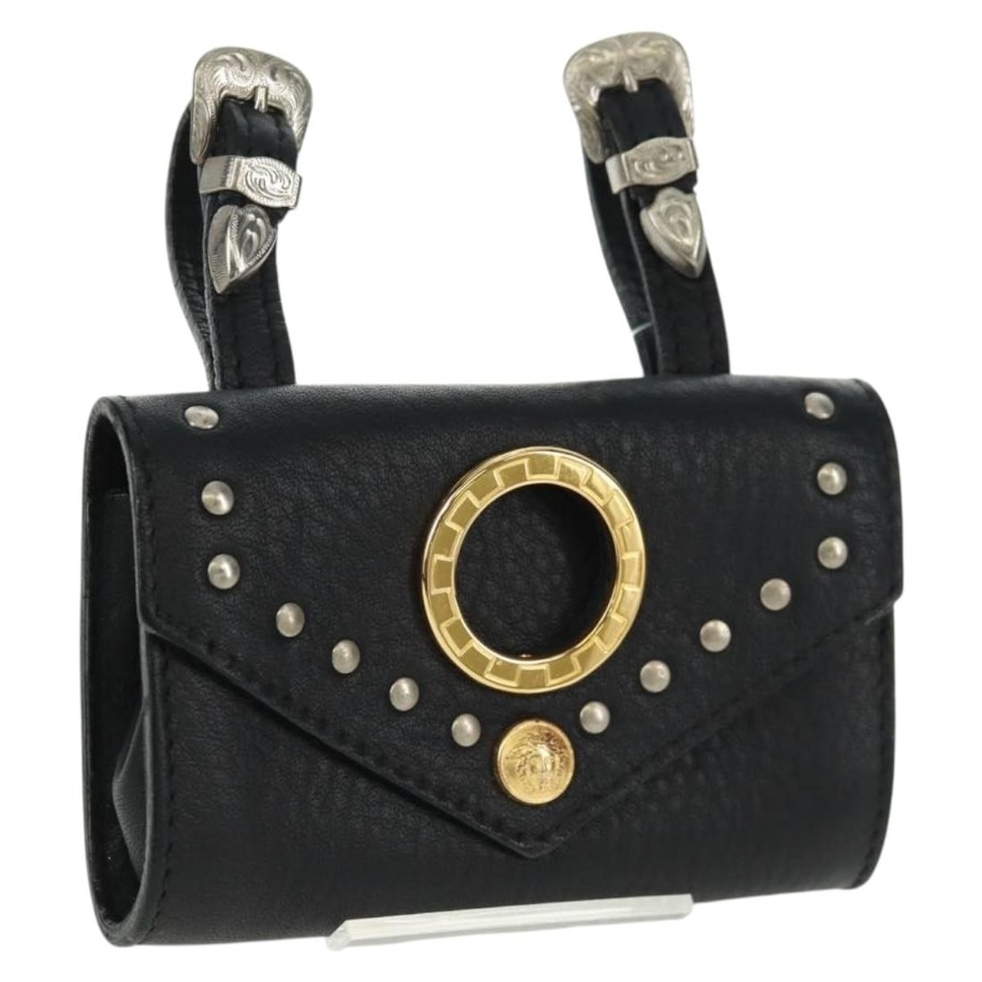 Black Gold Leather Pouch Gianni Versace Made in Italy: Black Gold Leather Pouch Gianni Versace Made in Italy A Gianni Versace leather pouch in black and gold, made in Italy. It comes with a dust bag and is described as being in excellent condition, with n