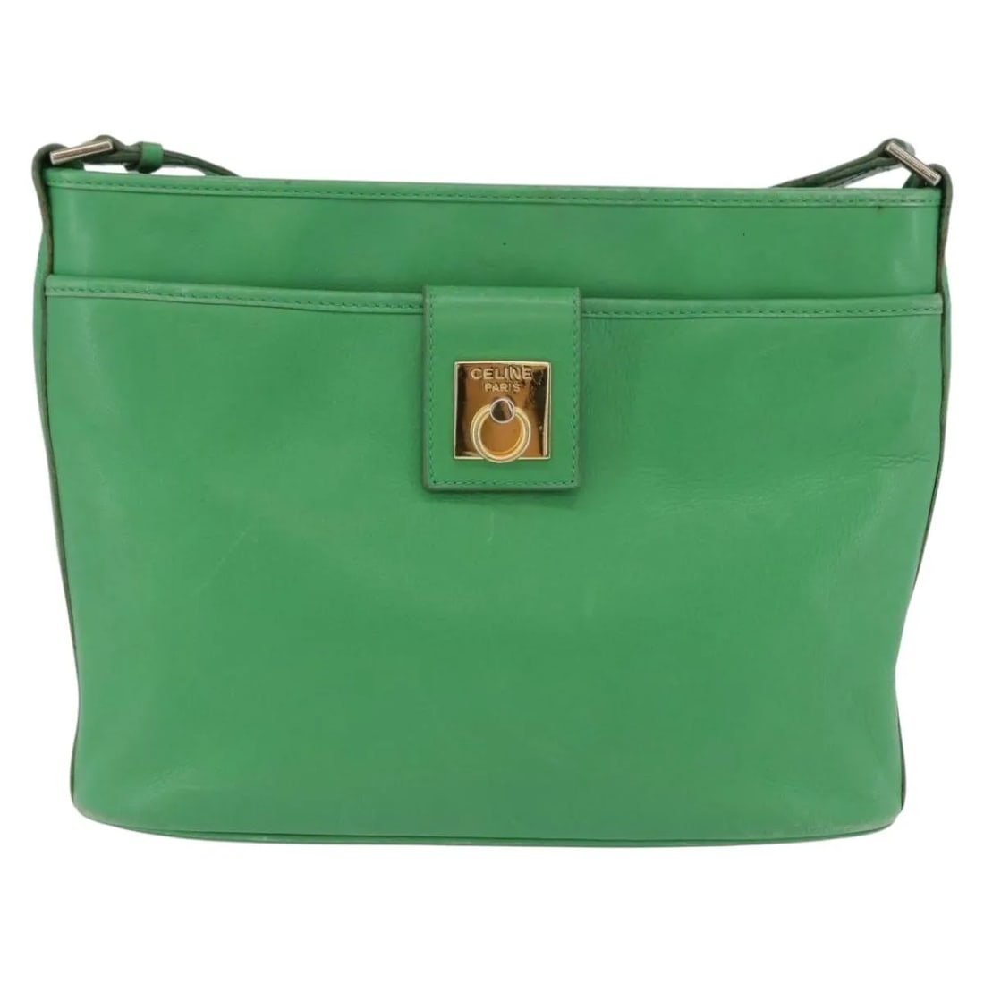 Celine Vintage green leather shoulder bag 27cm x 20cm x 7cm: Celine Vintage green leather shoulder bag 27cm x 20cm x 7cm Vintage Celine leather bag in green with honest wear consistent with age and use. The exterior shows surface deformation, some loss of shape