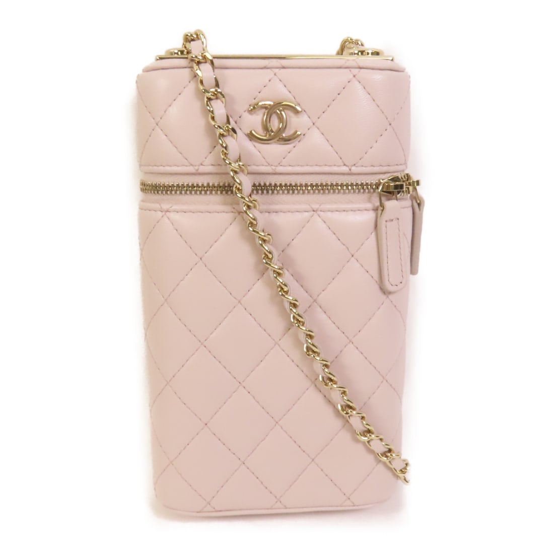 CHANEL AP2091 CC Vanity Phone Case Shoulder Bag Pink Lambskin GHW: CHANEL AP2091 CC Vanity Phone Case Shoulder Bag Pink Lambskin GHW CHANEL vanity phone case with chain shoulder bag in pink lambskin (sheep leather). It features a CC design, a chain shoulder strap, an