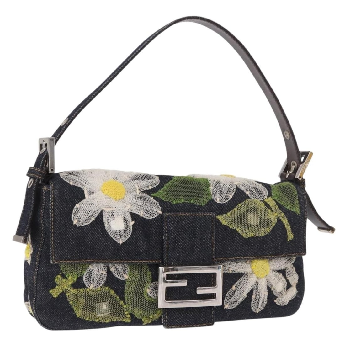 FENDI Mamma Baguette Shoulder Bag in Navy Canvas with Floral Embroidery: FENDI Mamma Baguette Shoulder Bag in Navy Canvas with Floral Embroidery FENDI Mamma Baguette shoulder bag in navy canvas with flower embroidery and silver-tone accents. Made in Italy, this women's bag