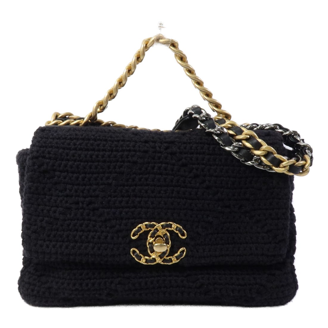 CHANEL Chanel 19 Medium Cotton Shoulder Bag Black Chain Strap: CHANEL Chanel 19 Medium Cotton Shoulder Bag Black Chain Strap CHANEL Chanel 19 Medium Chain Shoulder Bag in black cotton. This women's shoulder bag features a turn lock closure, one outside open pocke