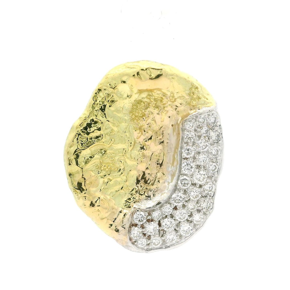 Vintage 18k Yellow Gold Pave Diamond Free Form Pendant 1ctw: Vintage 18k Yellow Gold Pave Diamond Free Form Pendant 1ctw This stunning vintage pendant features a unique free-form brutalist design crafted in solid 18k yellow gold with 14k white gold accents. The