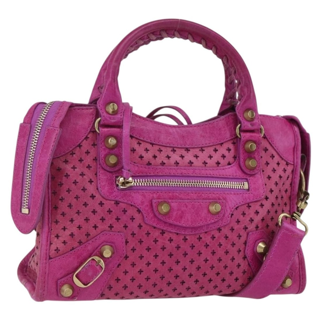 Balenciaga Pink Leather Mini City 2way Handbag With Strap and Dust Bag: Balenciaga Pink Leather Mini City 2way Handbag With Strap and Dust Bag This Balenciaga Classic Mini City Bag is crafted from pink and gold leather and offers both handbag and shoulder bag versatility.
