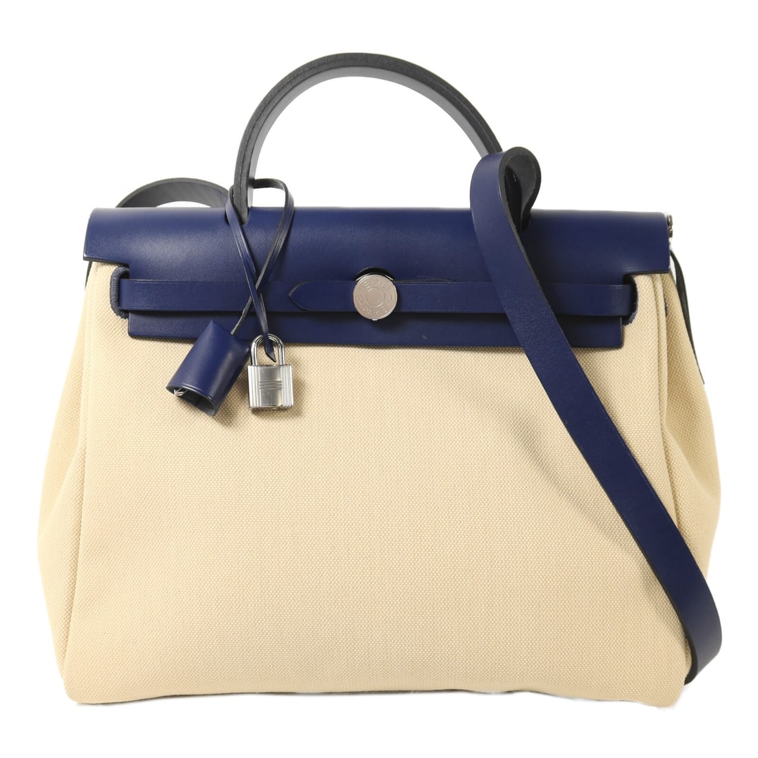 Hermes Herbag PM 2 Way Canvas Shoulder Bag Beige Bleu Electrique PHW: Hermes Herbag PM 2 Way Canvas Shoulder Bag Beige Bleu Electrique PHW Hermes PHW Herbag PM 2 Way Shoulder Bag in beige and Bleu Electrique canvas. It features a 2-way carrying style, belt hardware, and
