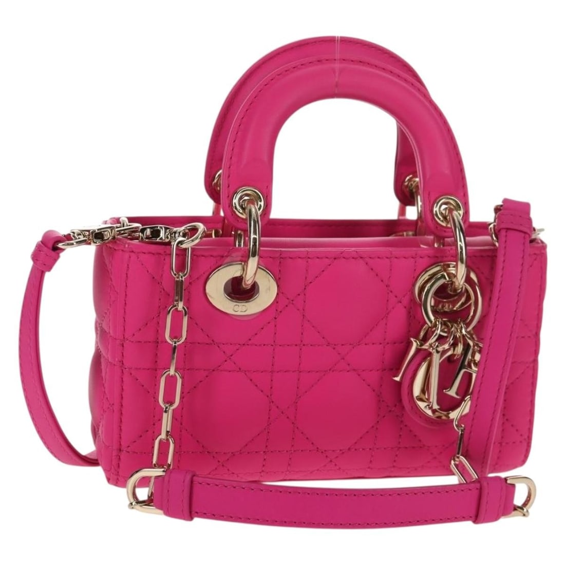 Christian Dior Lady D Joy Micro Hand Bag Pink Lamb Skin 2way: Christian Dior Lady D Joy Micro Hand Bag Pink Lamb Skin 2way A Christian Dior Cannage Lady D Joy Micro Bag in pink lamb skin with gold-tone accents. This 2-way handbag is made in Italy and includes a 