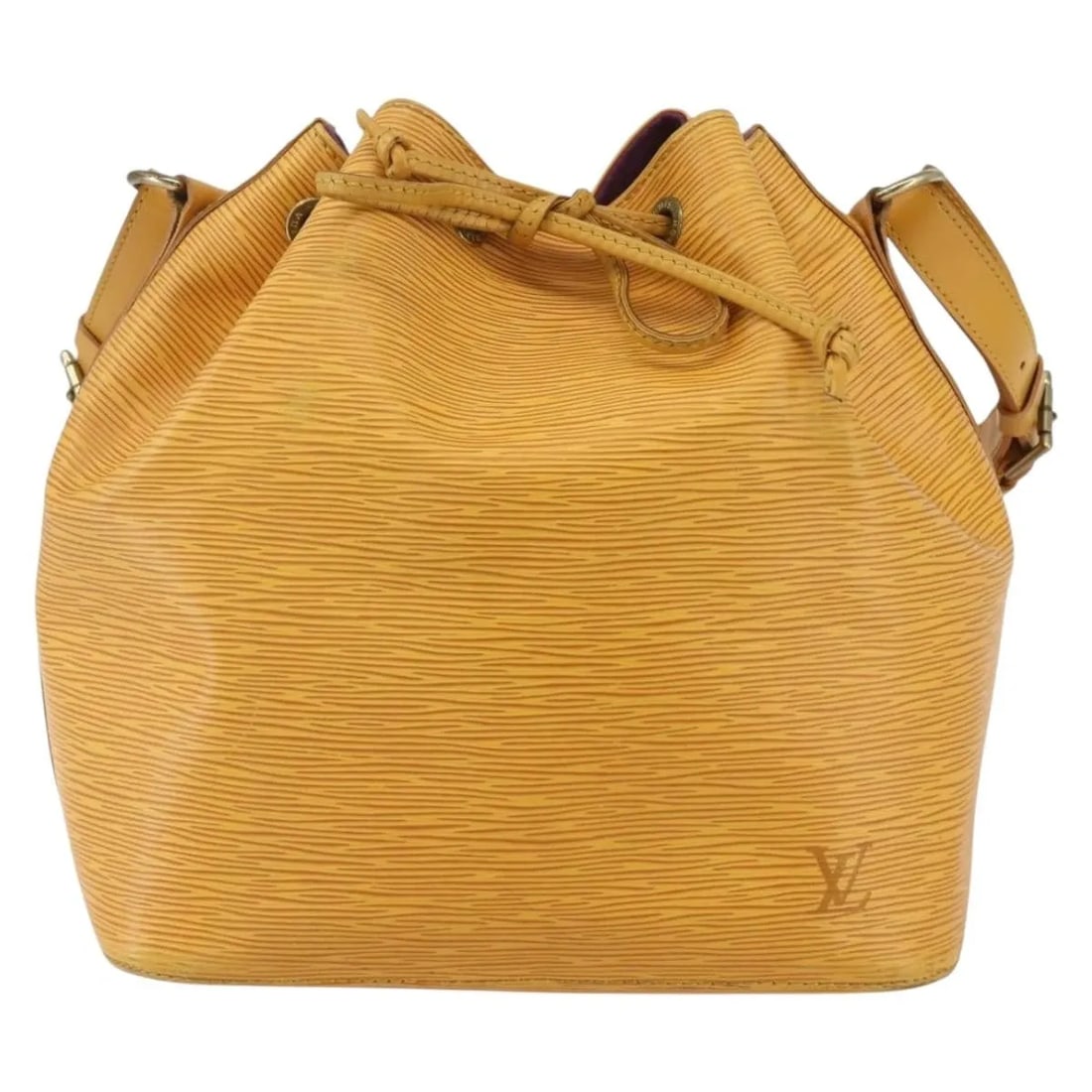 Louis Vuitton Petit Noe Yellow Epi Leather Shoulder Bag: Louis Vuitton Petit Noe Yellow Epi Leather Shoulder Bag This Louis Vuitton Petit Noe handbag is crafted from Epi leather in a vibrant yellow color. Designed for women, it features a classic bucket sil