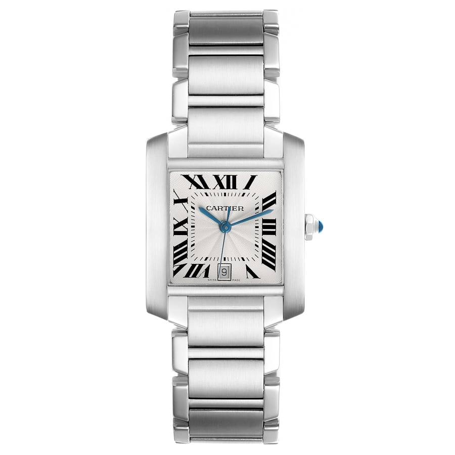 Cartier Tank Francaise Large Stainless Steel Watch White Roman Dial Ref 2302: Cartier Tank Francaise Large Stainless Steel Watch White Roman Dial Ref 2302 The Cartier Tank Francaise Large features a distinctive white Roman numeral dial and a fixed bezel, paired with a stainless
